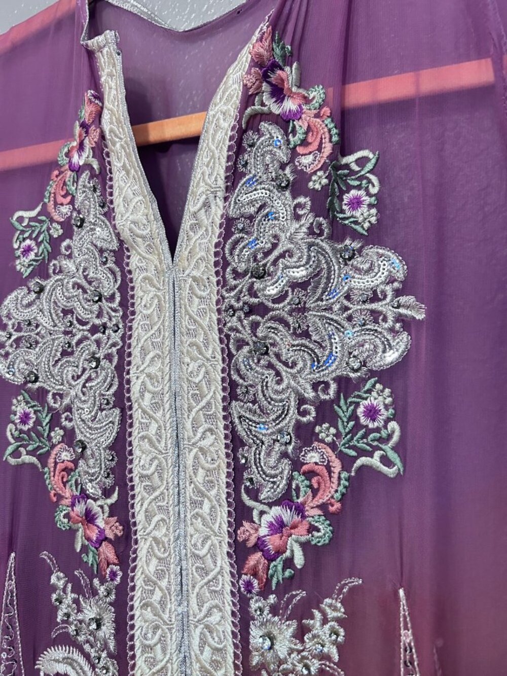 Purple Silver Embroidered Sheer Chiffon Kaftan Maxi Dress Gown Abaya Caftan Boho - Picture 5 of 8